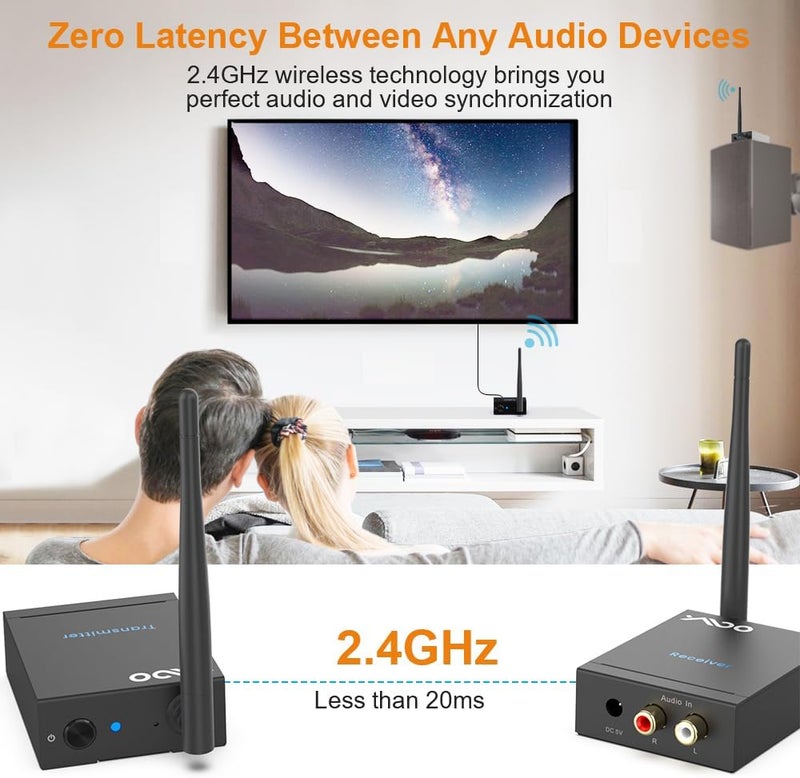YMOO 2.4GHz Wireless Audio Transmitter Receiver, 192kHz/24bit HiFi Audio, 20ms Ultra Low Latency, 320ft Long Range RCA Jack Adapter for Speaker/Soundbar to TV/PC/CD Player/Computer/Projector - Image 2